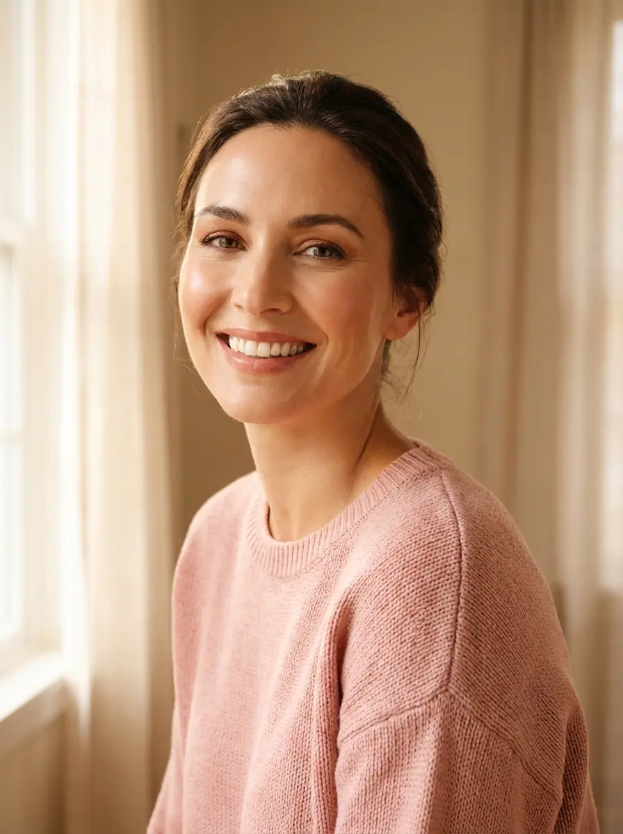 Mujer radiante, luz natural, autoestima